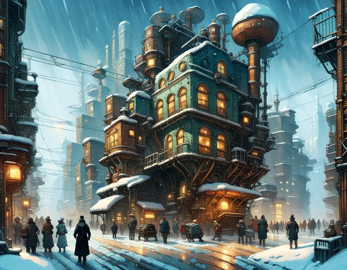 “crowded industrial Futuristic Victorian steampunk city in t...