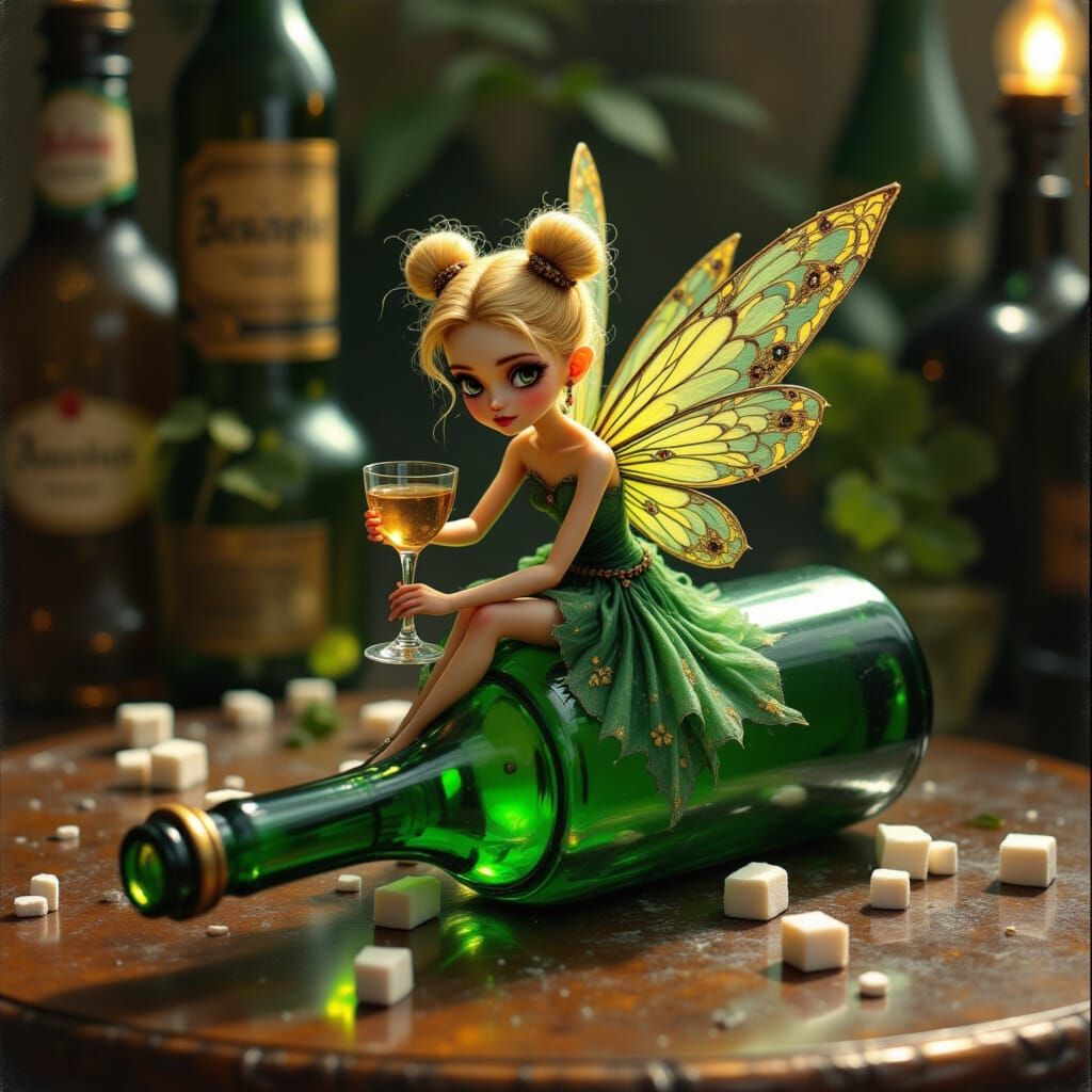 A miniature, elegant blonde fairy with a double top knot hairstyle and intricate, translucent butterfly wings, waring a green dress, sits at...