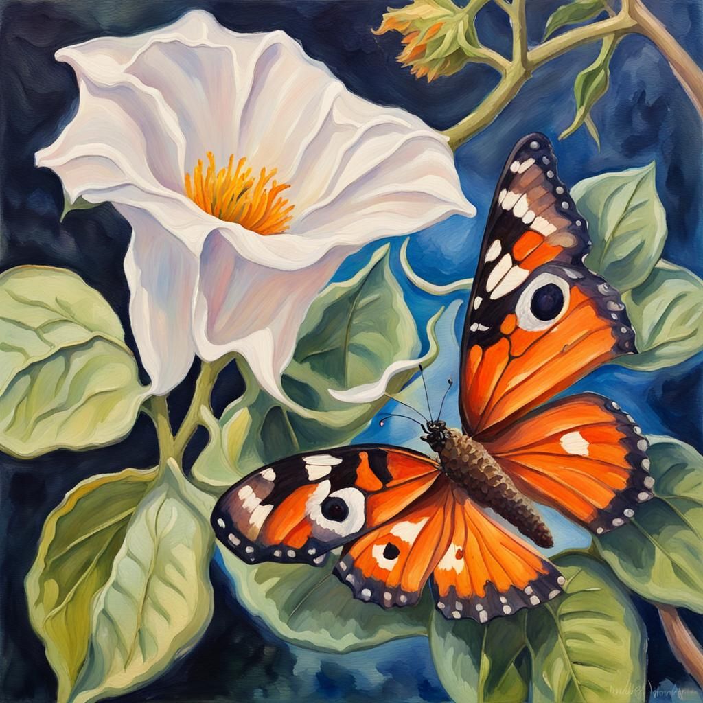 a closeup on a butterfly and a moonflower in Gouache Style, ...