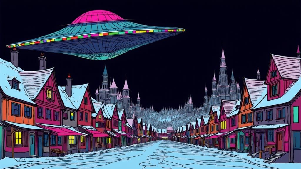 <lora:PXSketchFlux:1.0> MTV cartoon of a menacing sky-filling flying saucer hovering over a medieval town