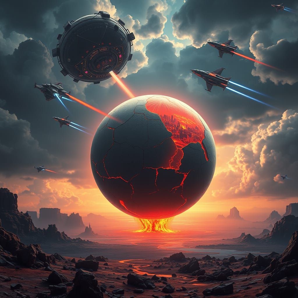 A large red-hot artificial gray planet, resembling a molten ball, is depicted in the center.  It is cracking and flowing tarry droplets down...