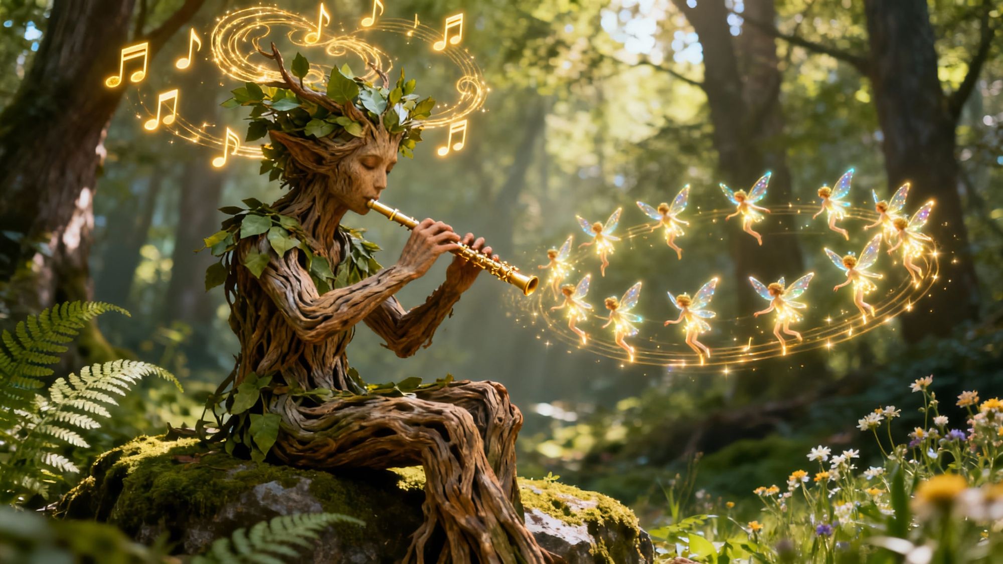 a photo realistic, 8k resolution, a masterpiece, a forest dryad playing a magic flute. The notes are coming alive and dancing around her hea...