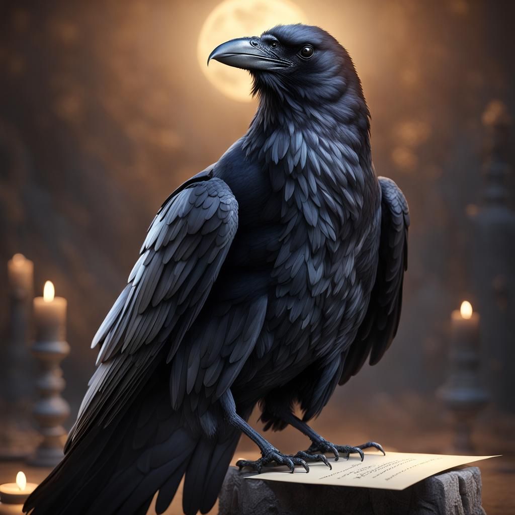 A majestic  richly detailed black raven clutching a sealed l...