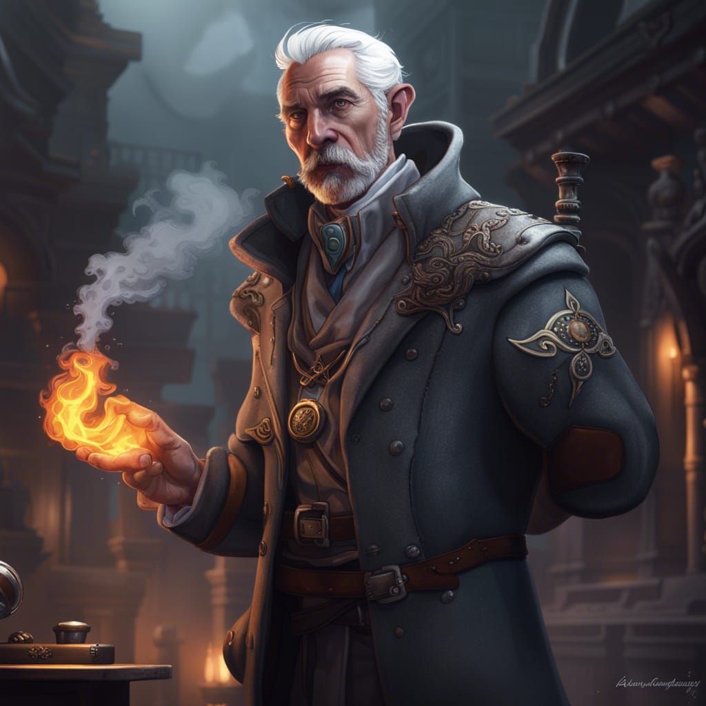 DND 5e Investigator mid-30 White male grey hair using a smoking pipe ...