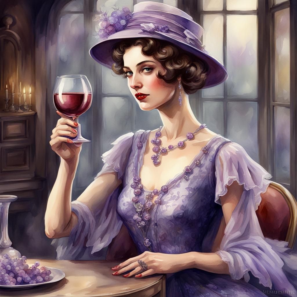 Vintage lady drinking wine