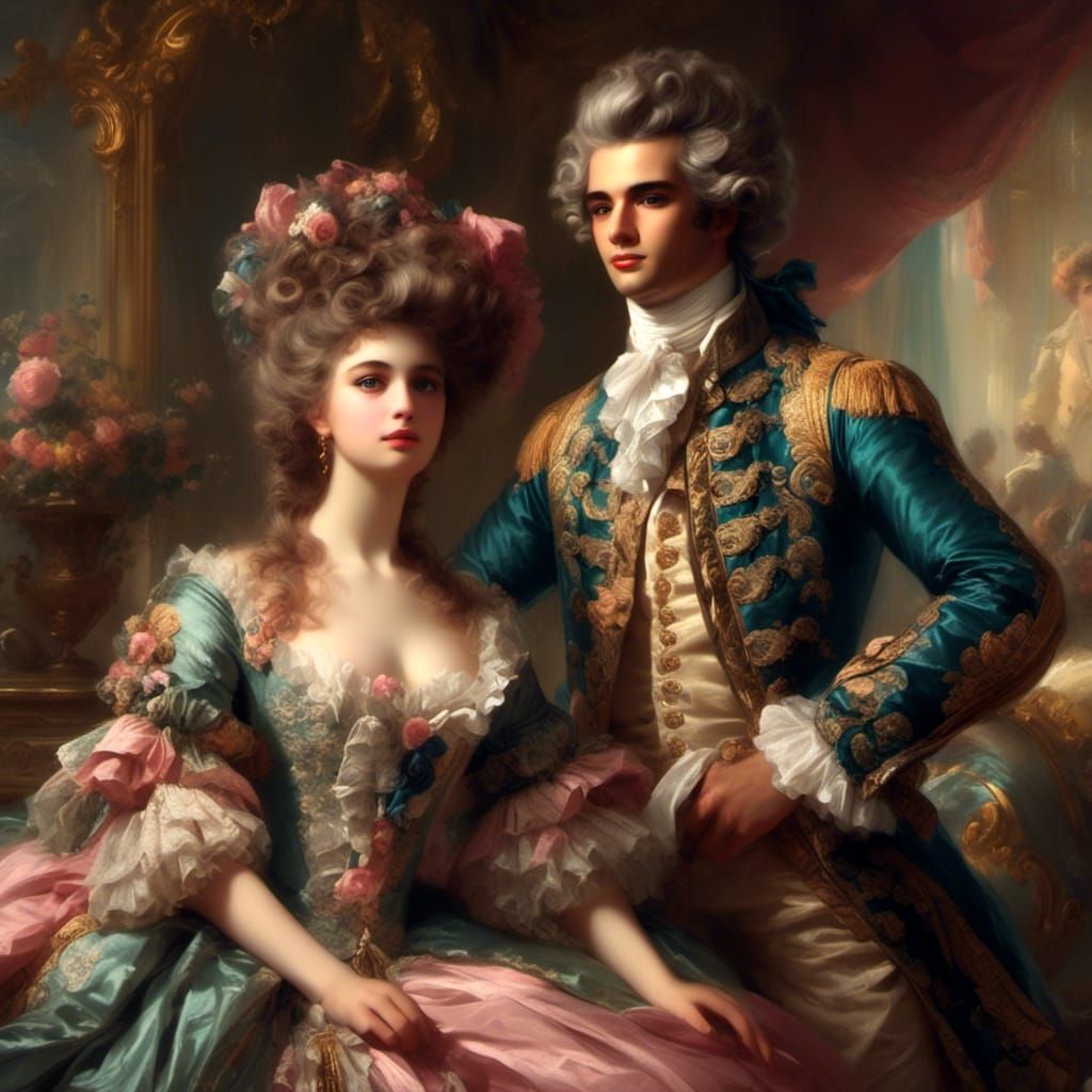 <lora:Rococo Beauty:1.0> woman and man with Rococo style hair and clothing, volumetric lighting 