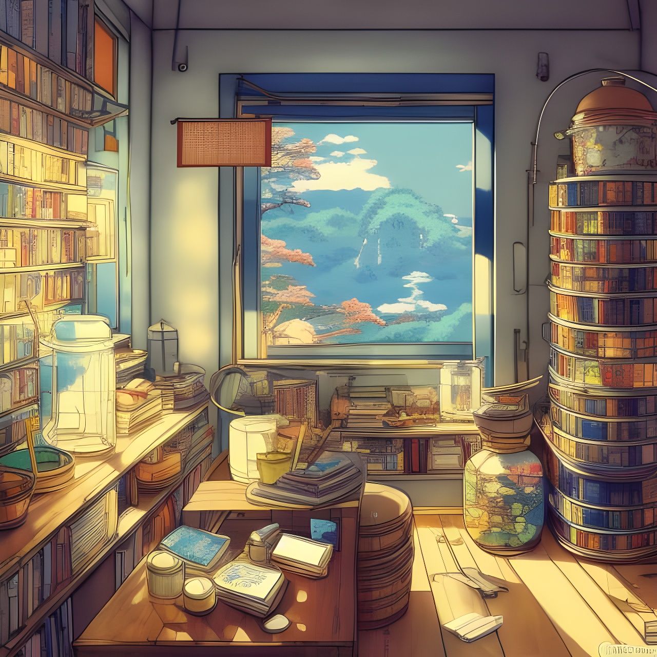 prompthunt: anime girl studying in a magic library in the style of studio  ghibli, ayami kojima, akihiko yoshida, atey ghailan, escher, edward hopper