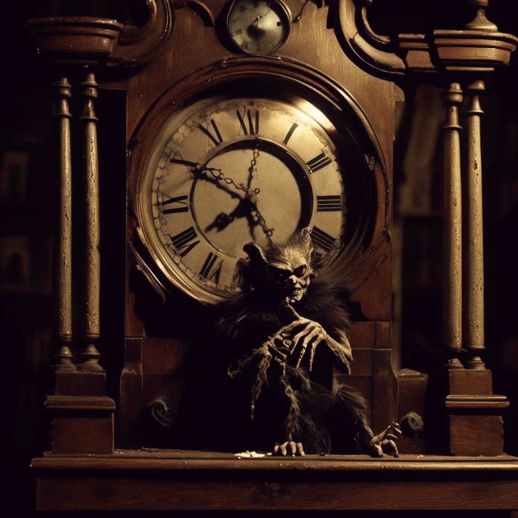 Gremlins is a 1984 a mujer call Gizmo peeking out from inside an old grandfather clock. Adorable face framed by spooky clock hands, dust par...