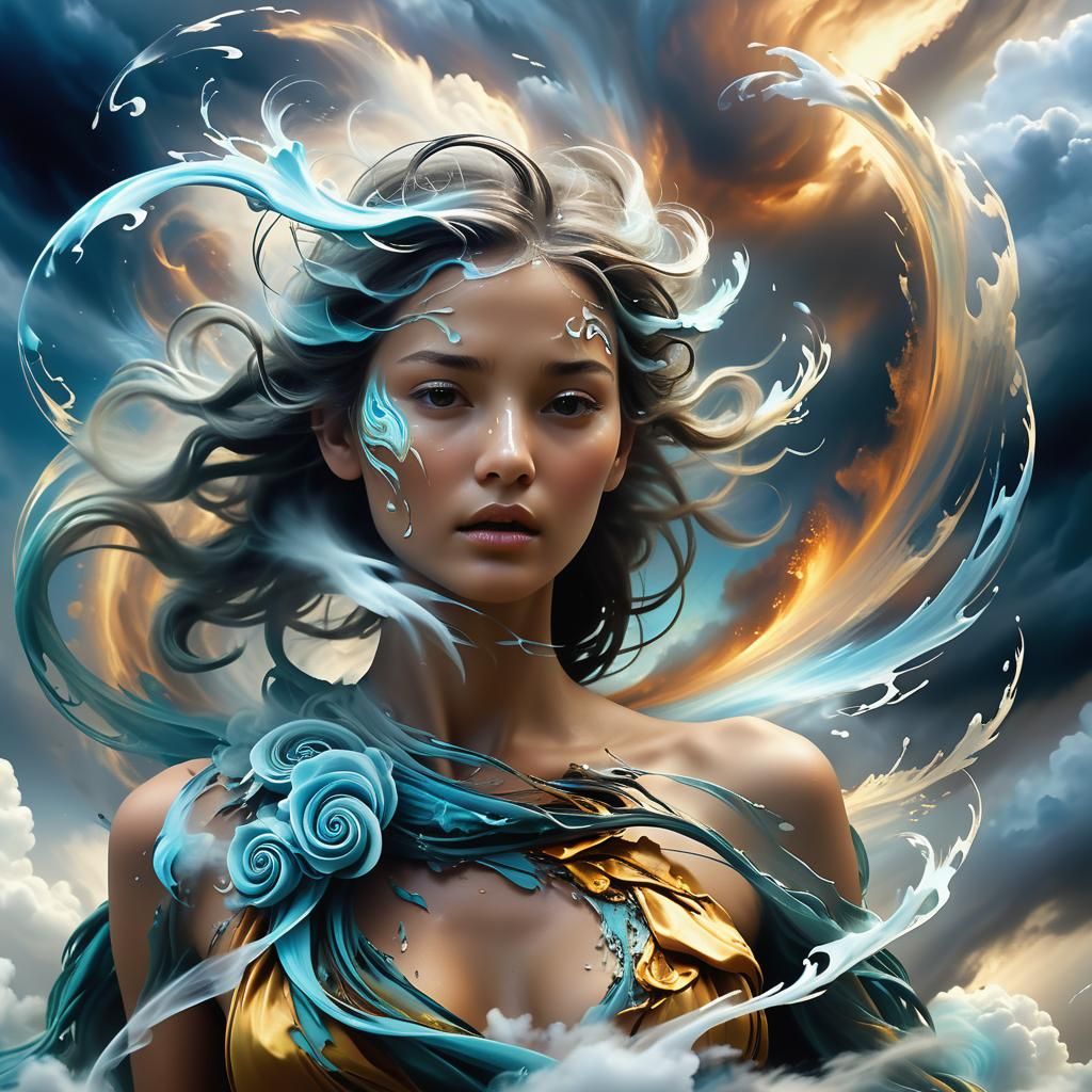 Powerful Air Elemental King bare toned chest and thin gold chains with colorful gemstones hanging on them, colorful feathers in long black h...