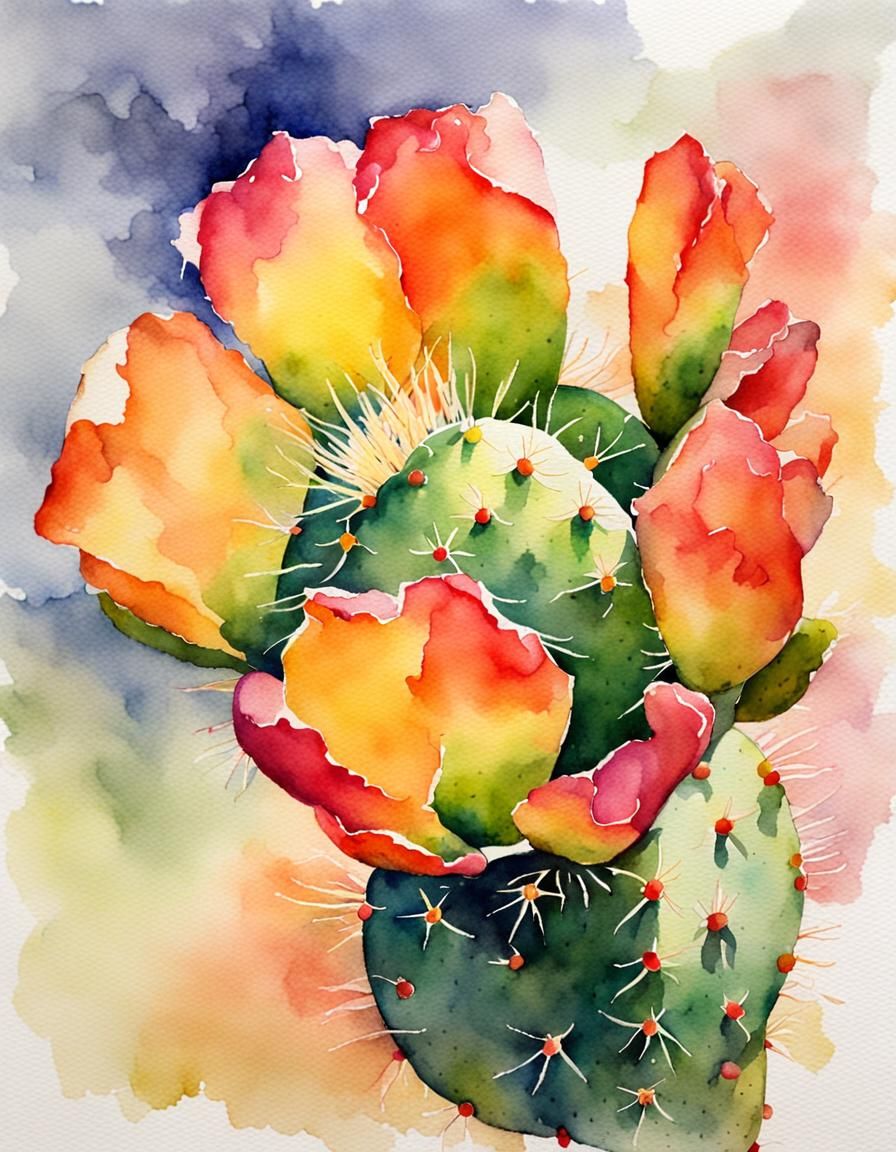 watercolor, one single prickly pear cactus flower