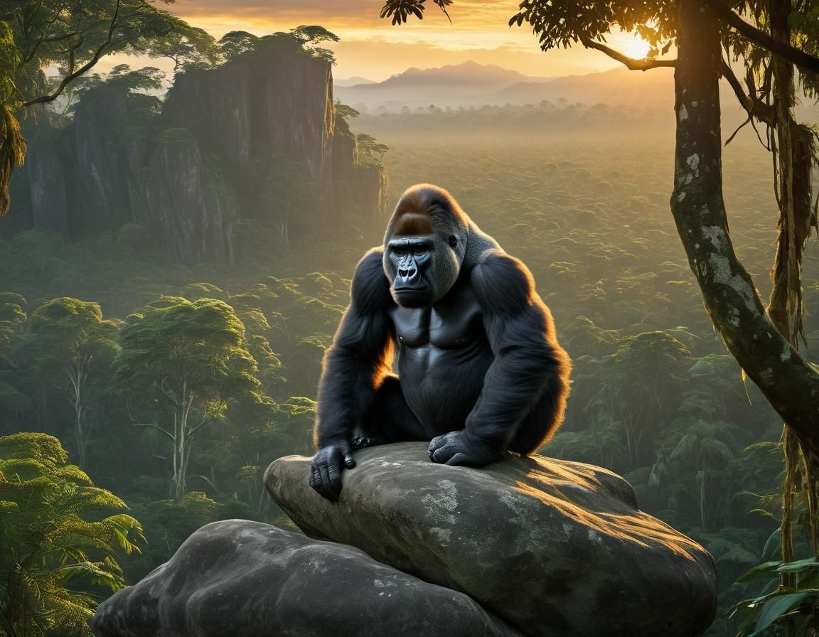 A gorilla perched upon a rock as a breathtaking sunset pierces the ...