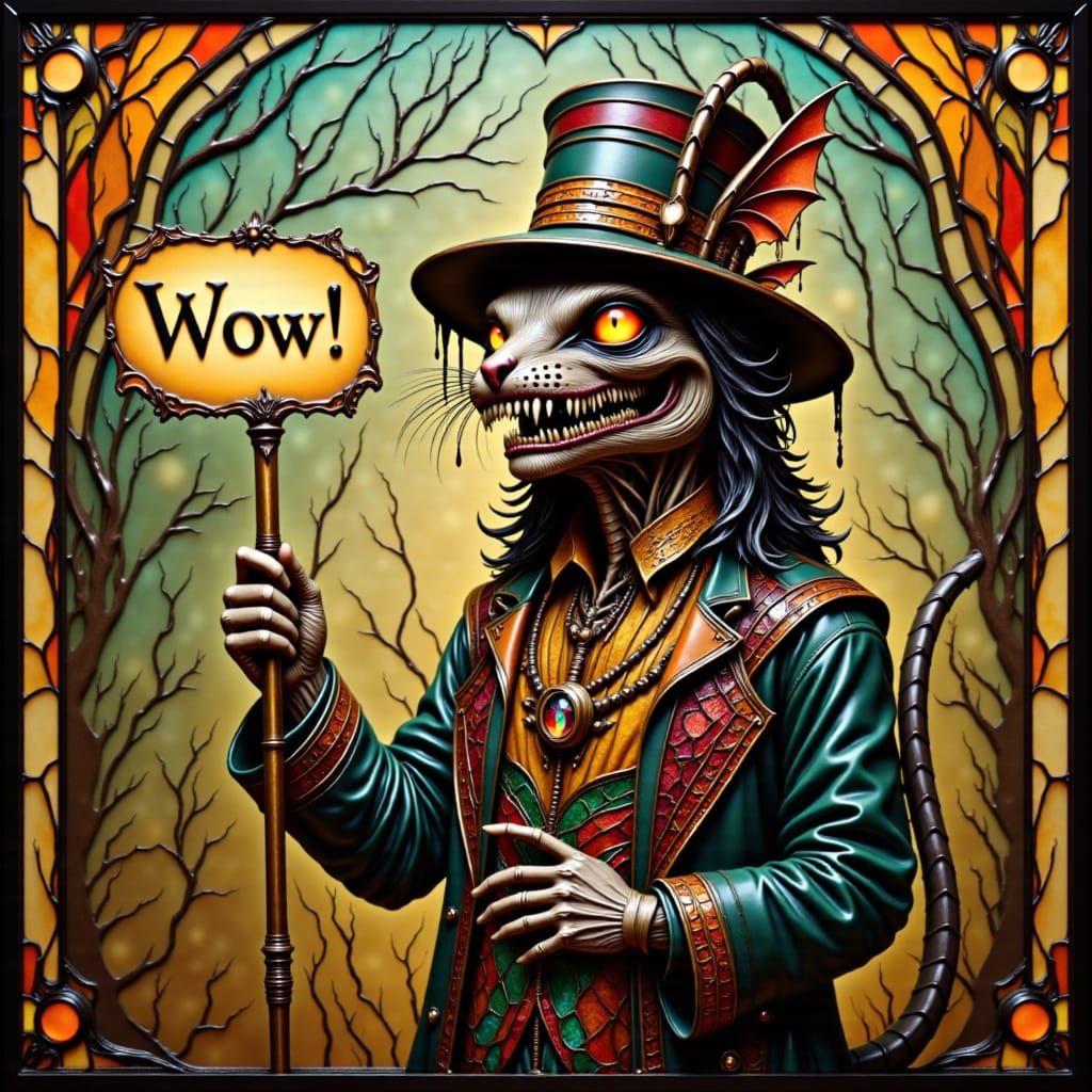 3d stained glass 1970s Cartoon drawing of a Creepy Evil Decrepit Gooey Anthropomorphic Undead Cat dressed in early 1900s Persian sheik  Smil...