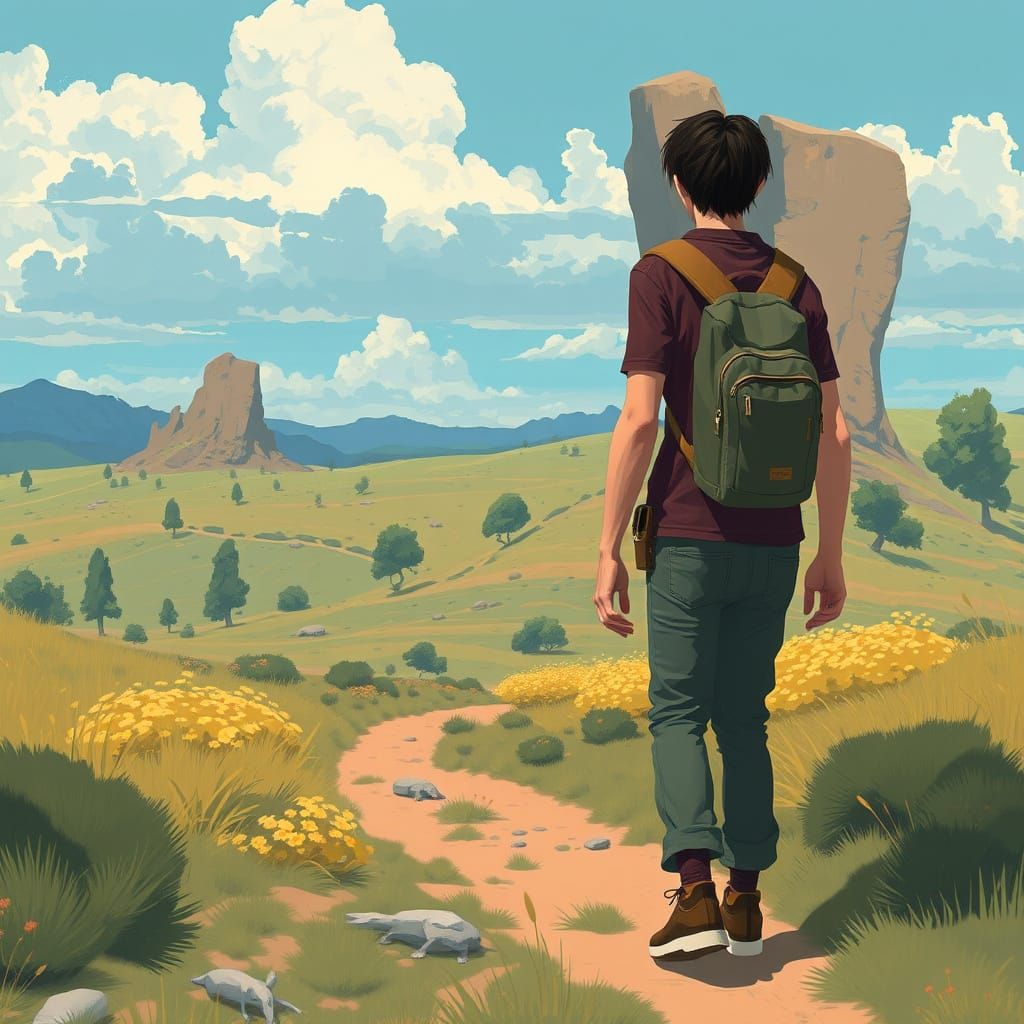 Serene Wanderer in Vibrant Landscape