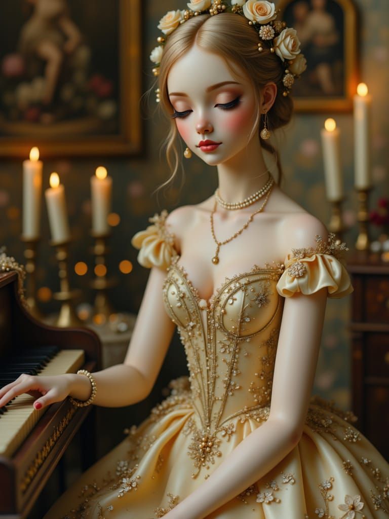 <lora:BlytheDoll:1.0> 

A serene lady in a pale gold Regency-era dress adorned with tiny floral embroidery, seated at a harpsichord in a can...