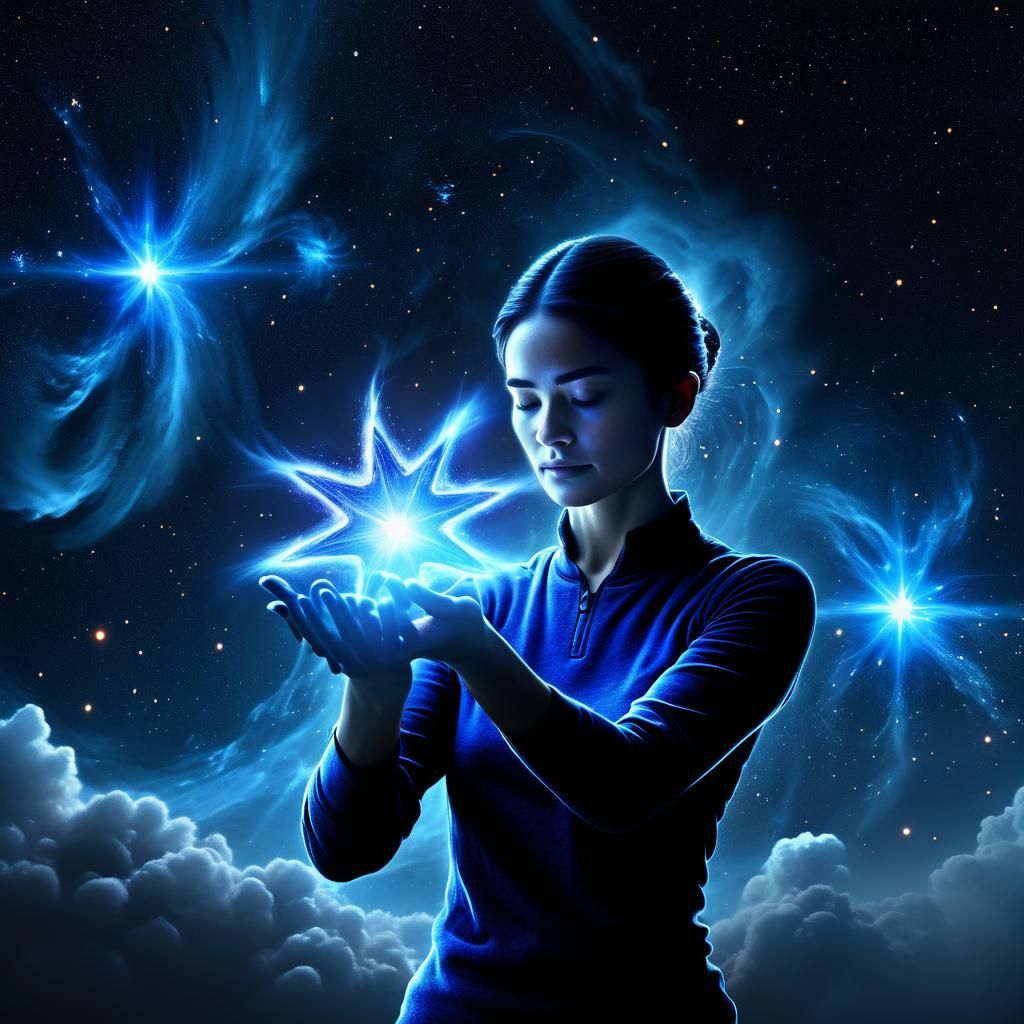 Epic cinematic digital matte painting. Medium shot. A woman shaping a nebula into a bright blue star, with the star in her hands. Detailed h...