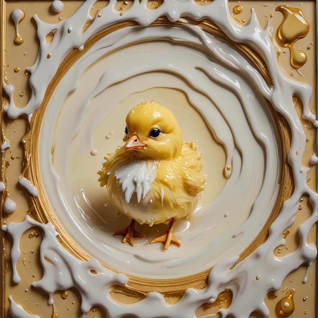 Surreal Chick in Milk Droplet Painting