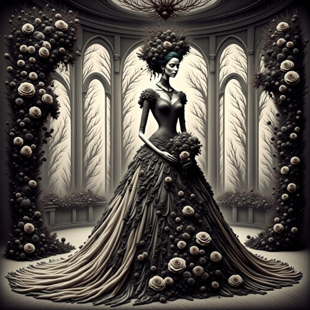 <lora:Flora Lora:1.0> gothic bride in a long elaborate lace wedding gown with a bouquet of black roses, Long-view, wide-shot, full body imag...