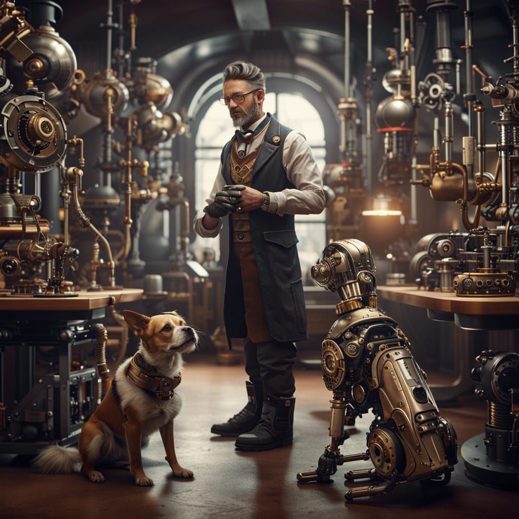 Steampunk inventor with his 2 dogs  by @ArtisticAlgorithm