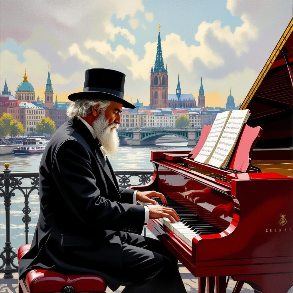 Old Man Plays Piano Under Bridge with Red Eiffel Tower