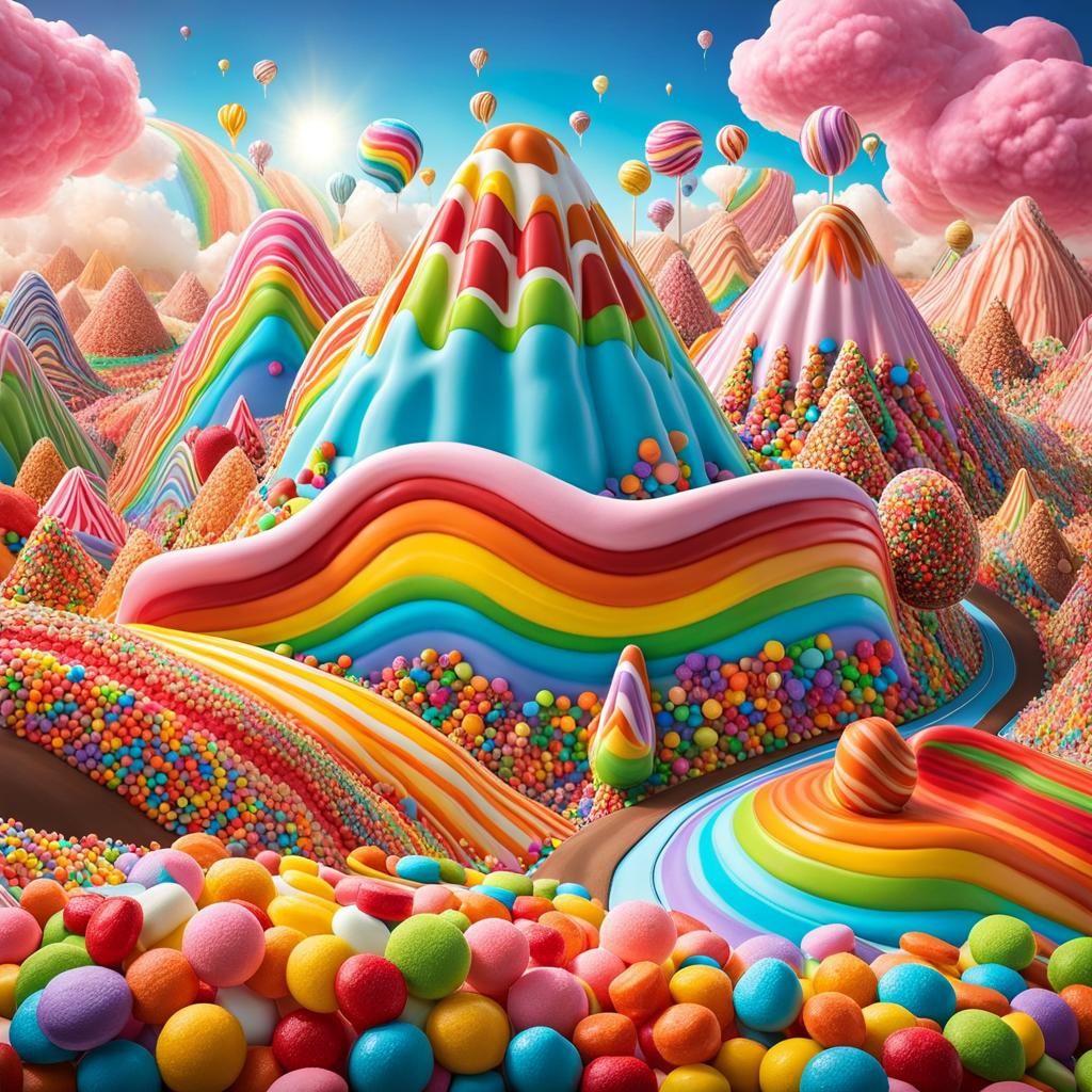 Candy Wonderland landscape 🏞️ 🍭🍫🍬🍦🍡, Chocolate hills, gummy bears