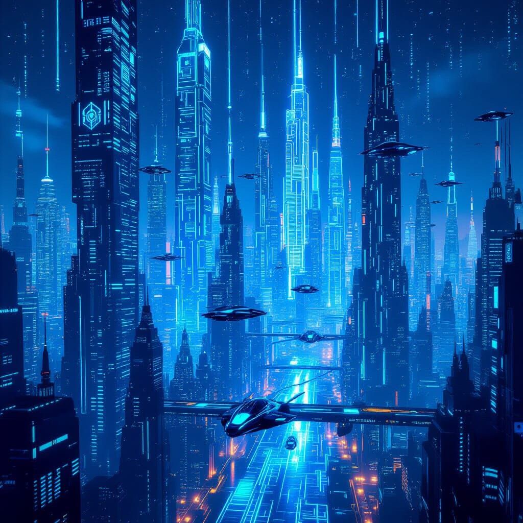 A sprawling sci-fi metropolis where skyscrapers are constructed from intricate, glowing lines of binary code and holographic symbols
