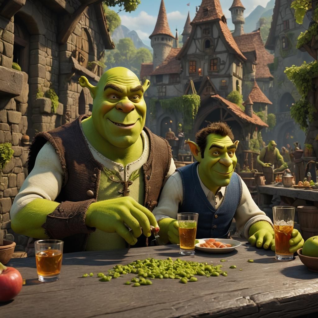 Shrek drinking vodka with his friend borat