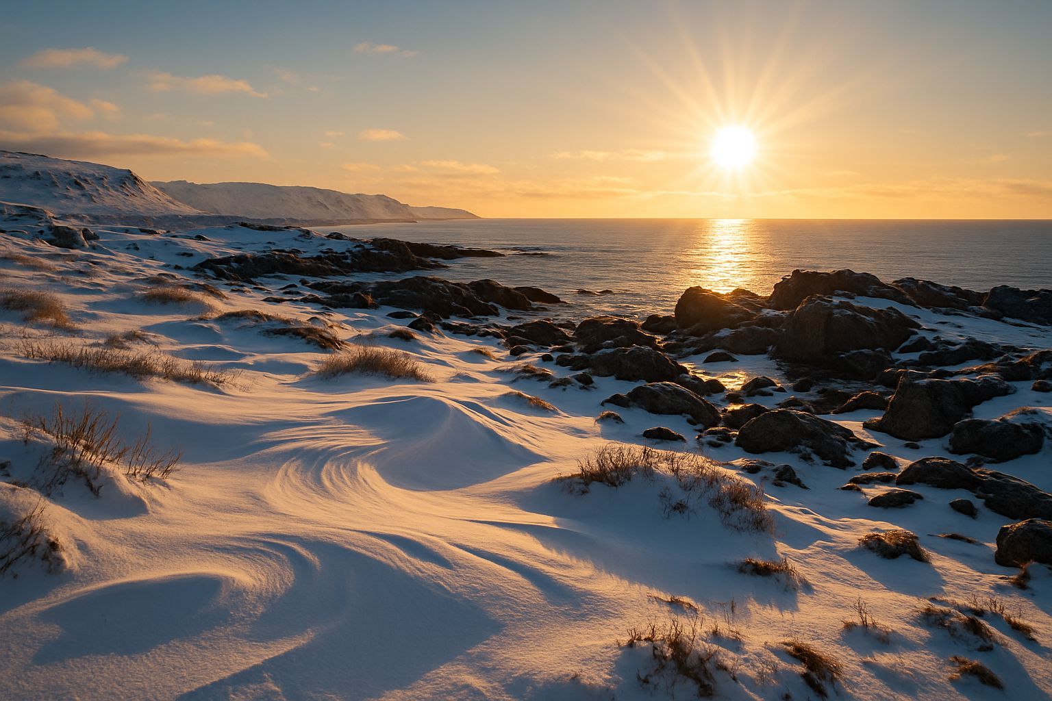 Sunlit Tundra Landscape with Snowdrifts
