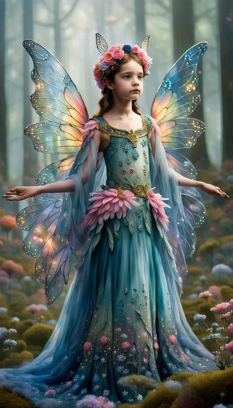 Ethereal fairy child, intricate wings, detailed colorful dre...