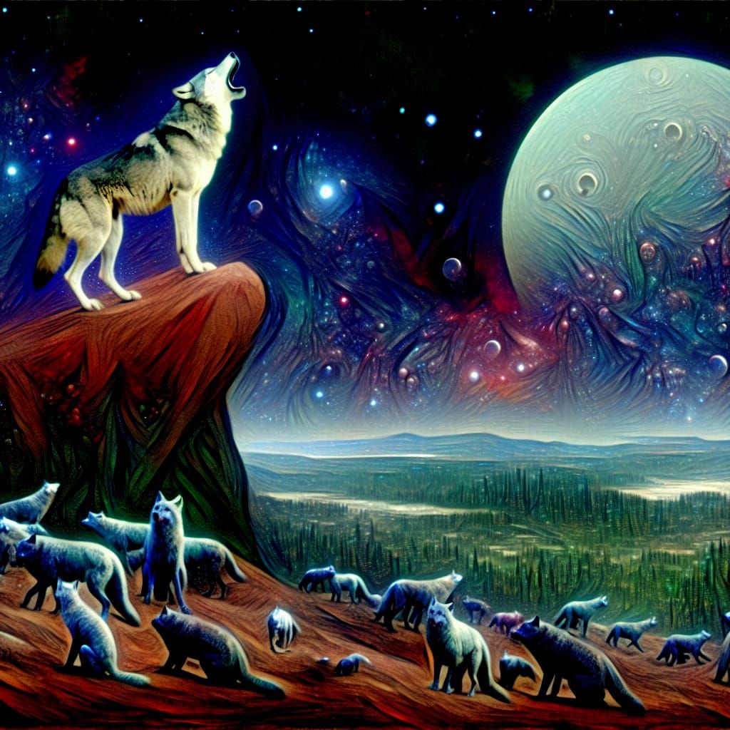 WOLF CALLING A PACK TO EAT ON A PLANET OF AI GENRATED ALIENS...