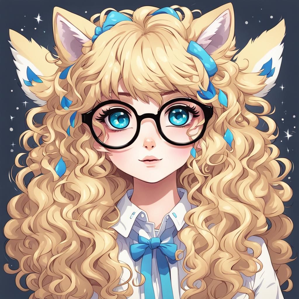 cute wolf girl kawaii with gold big round glasses and blue e...