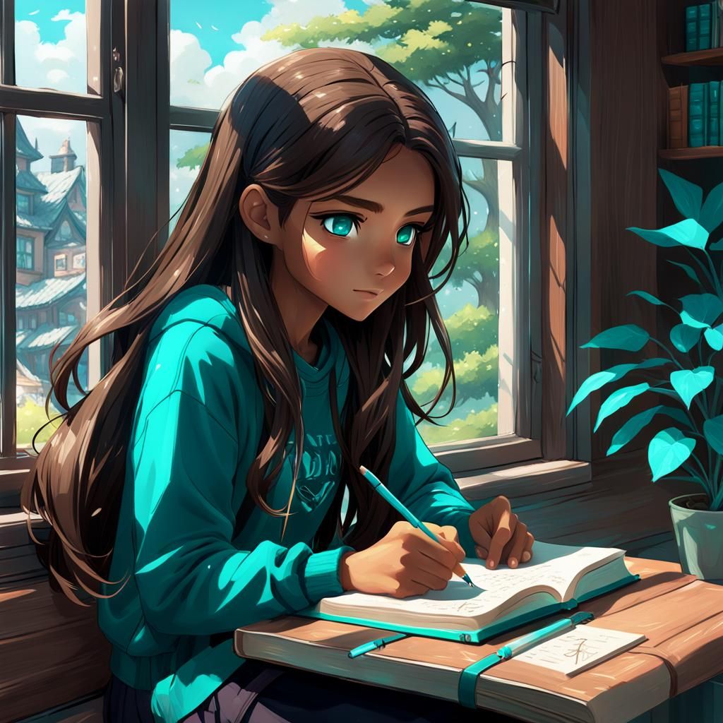 Teen Girl Writing in Journal: 3D Anime Art