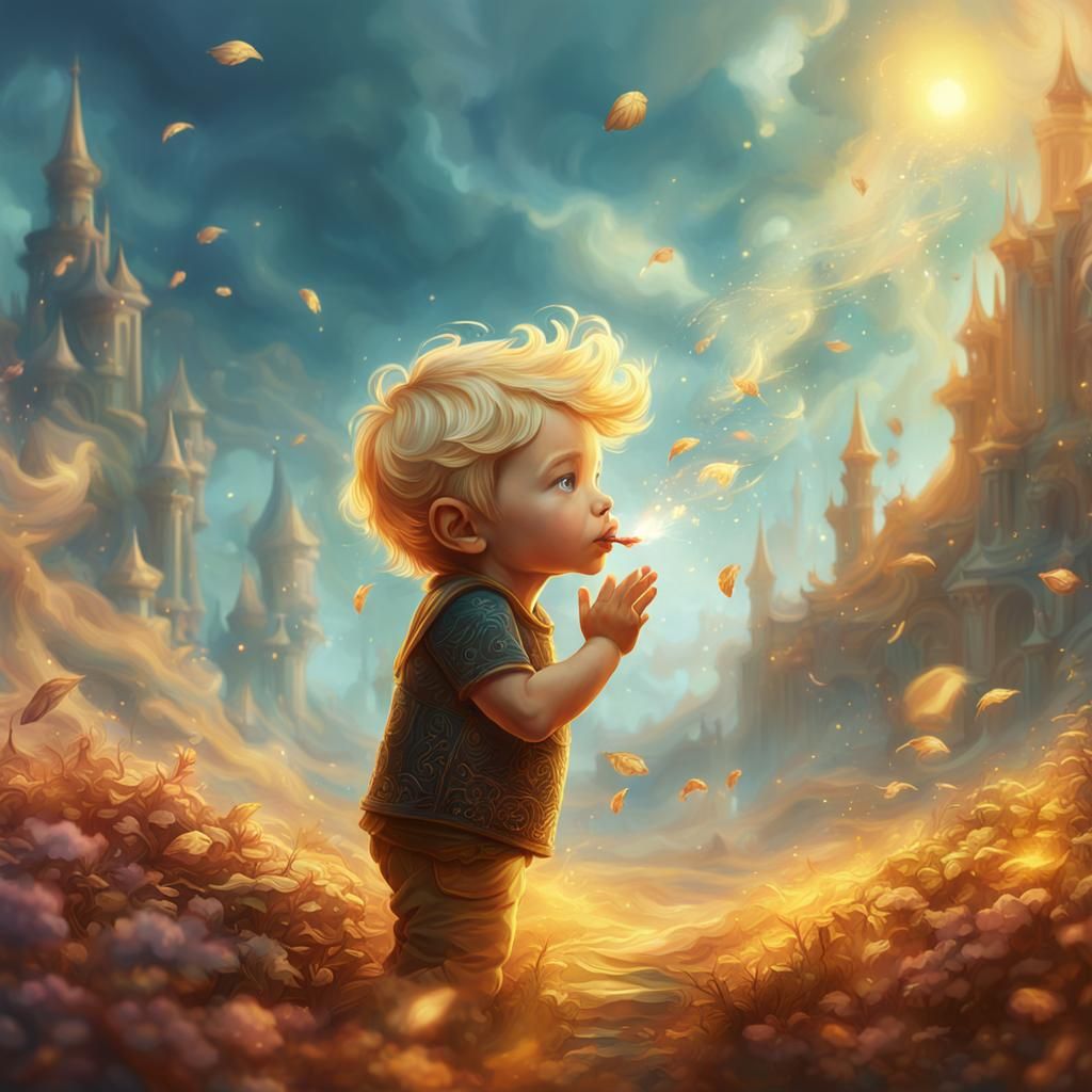 Blonde toddler boy blowing kiss