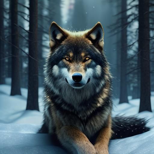 Big beautiful white and bluish wolf in a winter landscape with a full moon