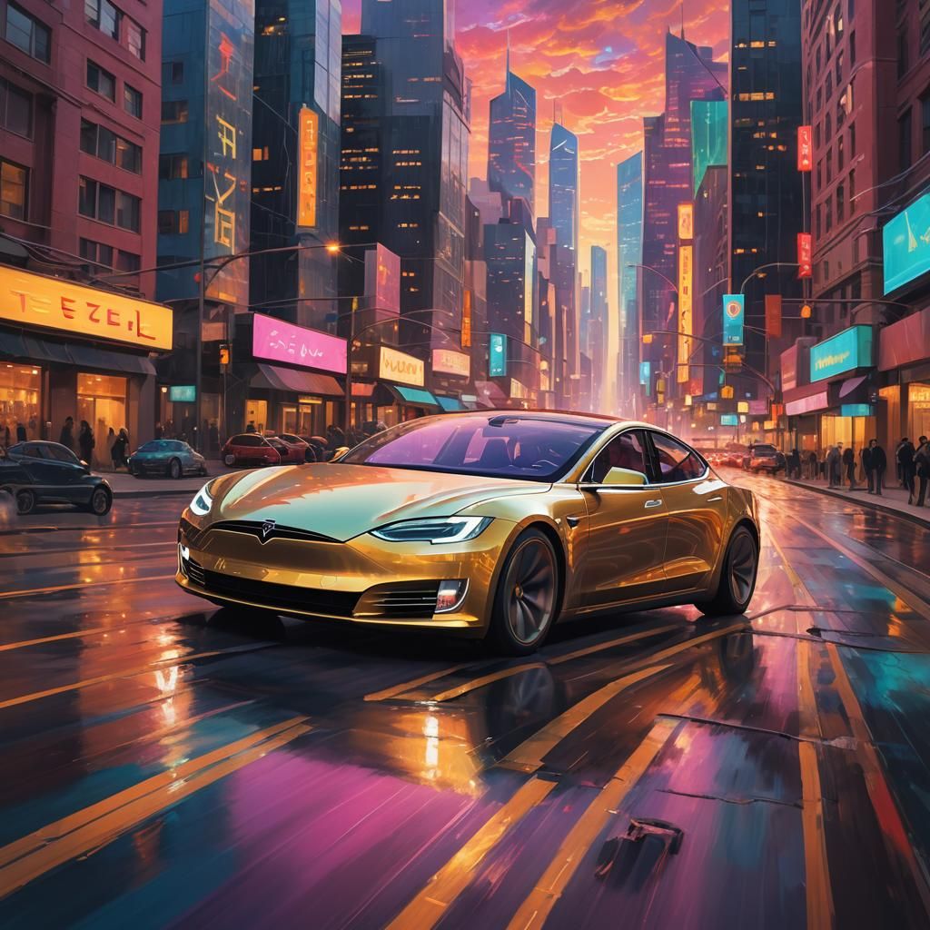Tesla Races Through Neon Cityscape at Dusk