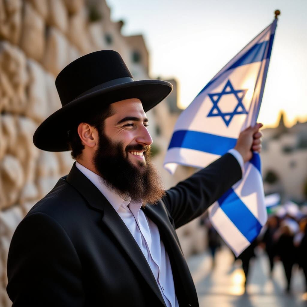 Haredi Man Waving Israeli Flag in Jerusalem