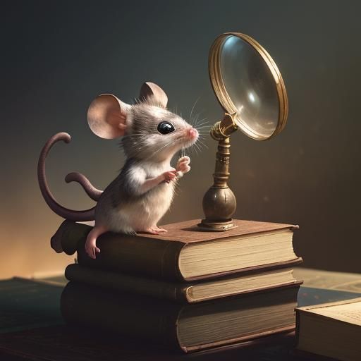 A tiny mouse librarian perched on a stack of oversized books...