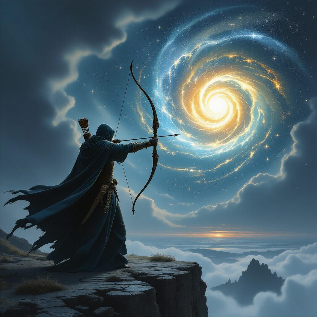 Gothic fantasy. A lone archer stands on a windswept cliff, drawing their bow towards a swirling vortex of stars. Ancient codex style. The ar...