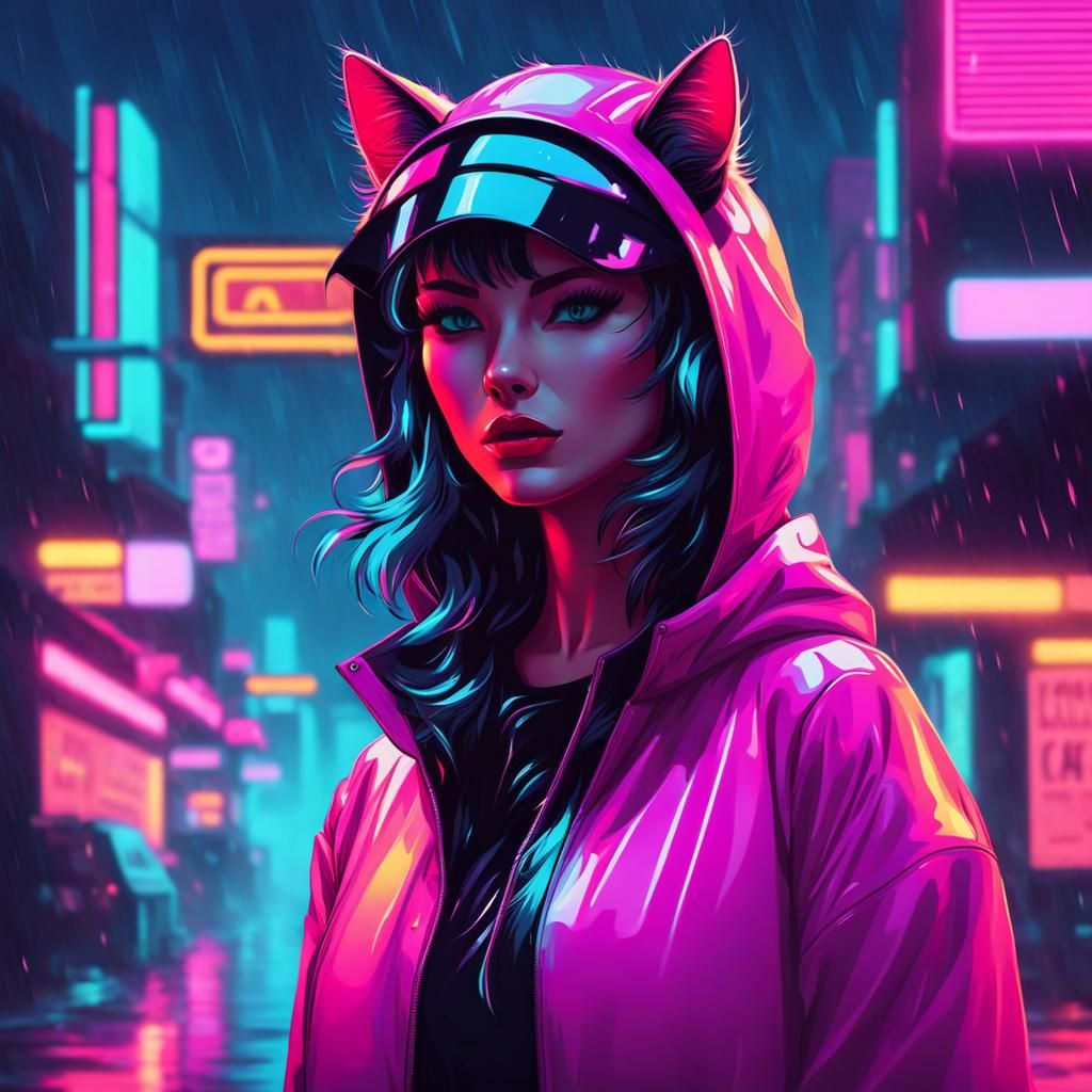 cute cat girl walking in the rain