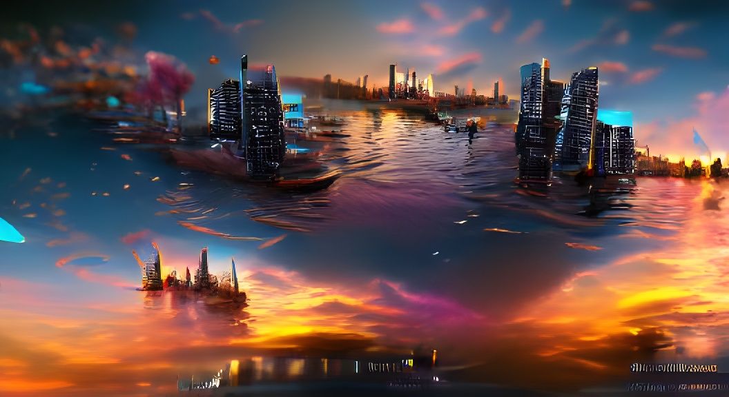 City skyline across the water at sunset