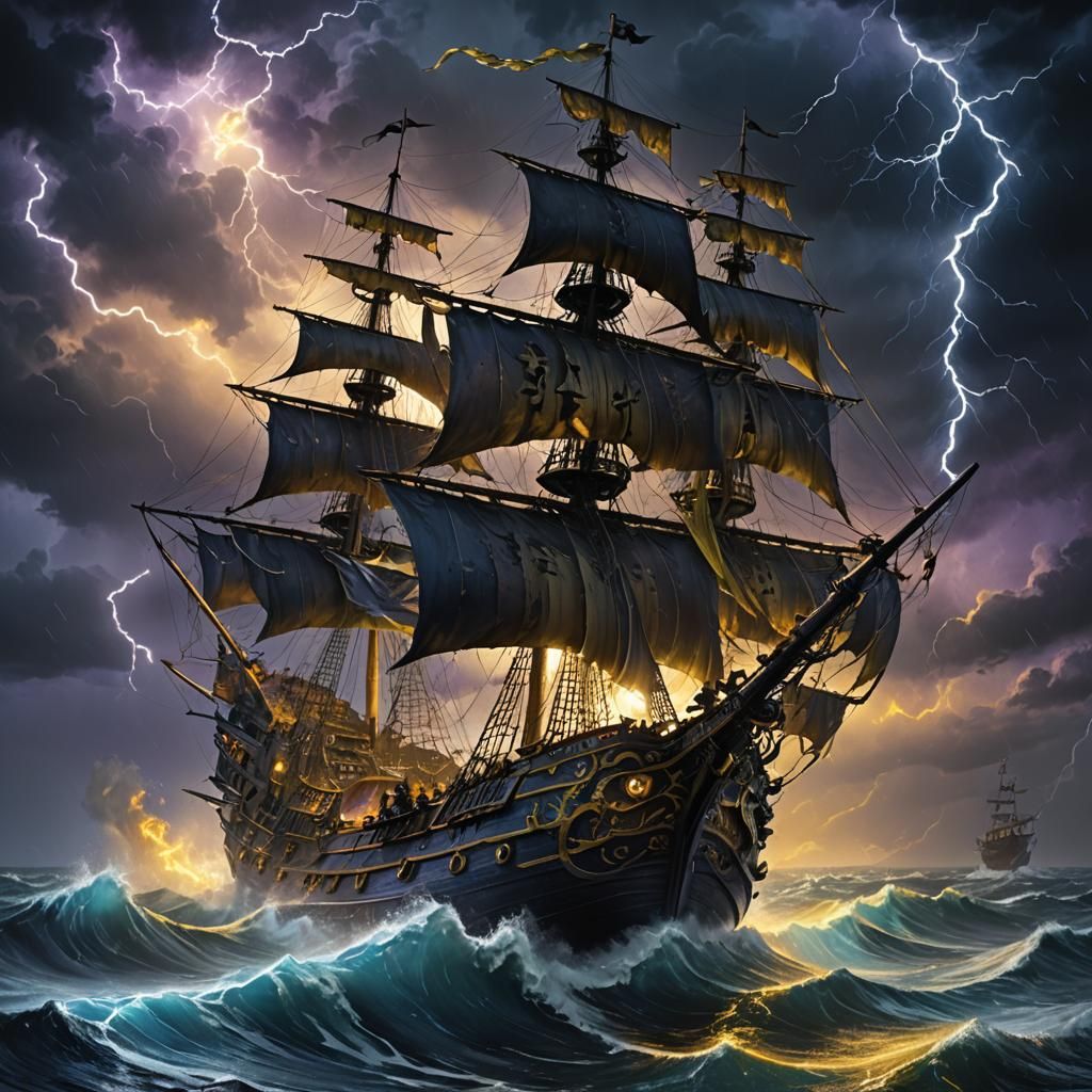 Pirate Ship Battle in Stormy Seas: Dark Fantasy Art