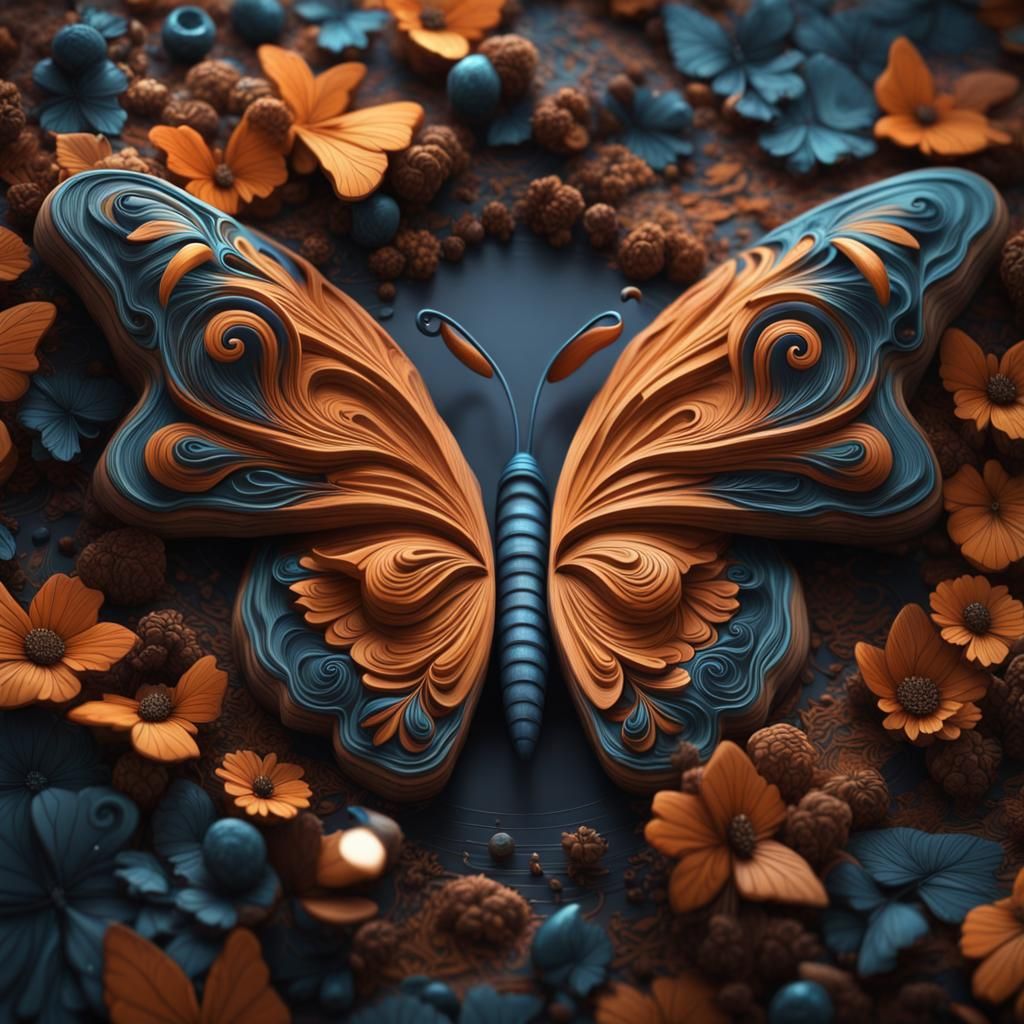 <lora:NC Hyperreal:1.0> 3d butterfly wood carving  round
