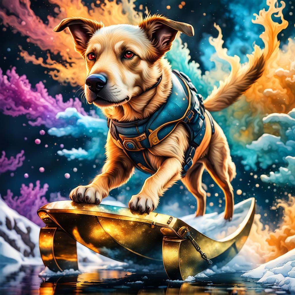 A snowboarding dog.