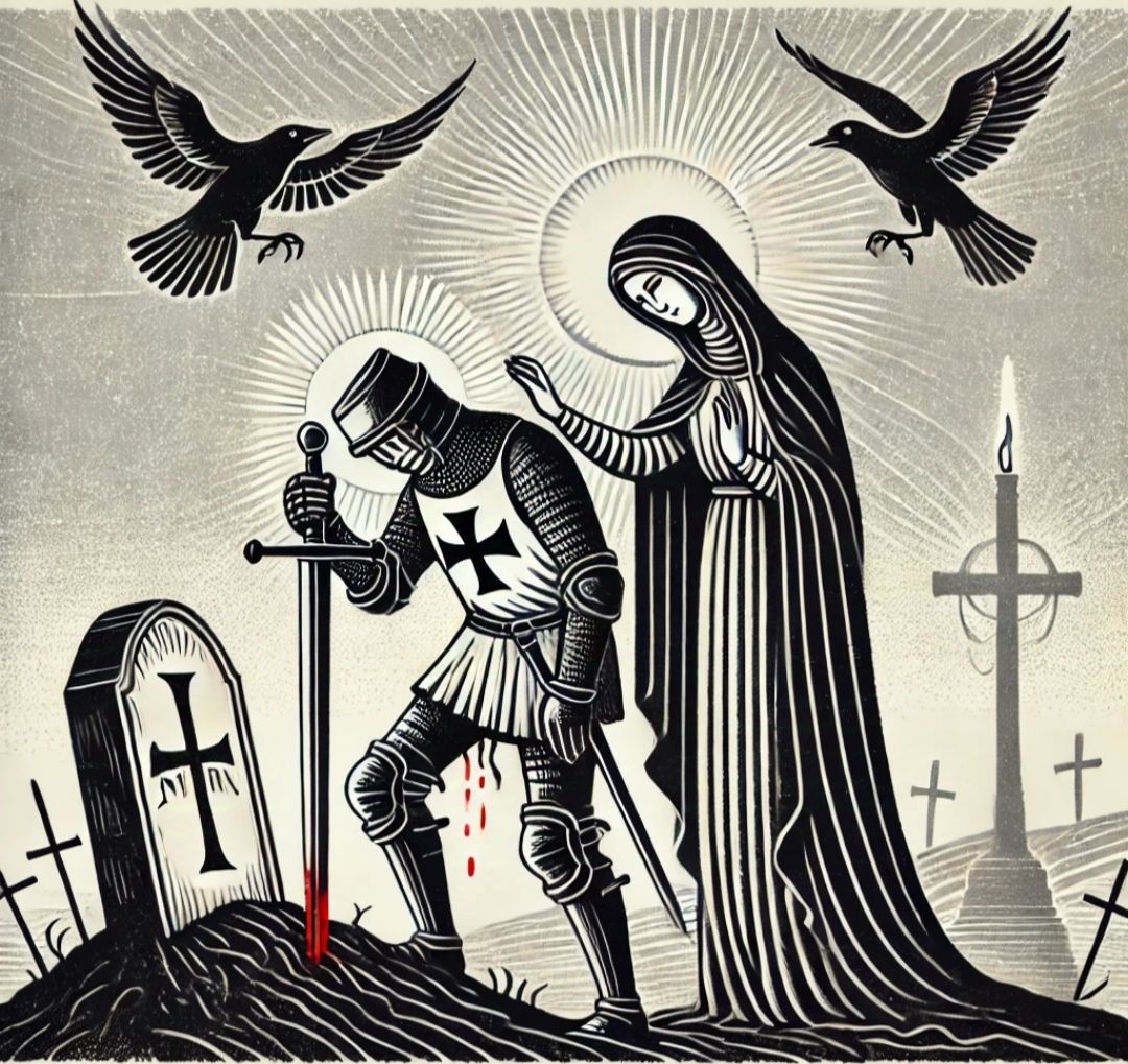 Dying knight looking down upon his resting place, his soul c...