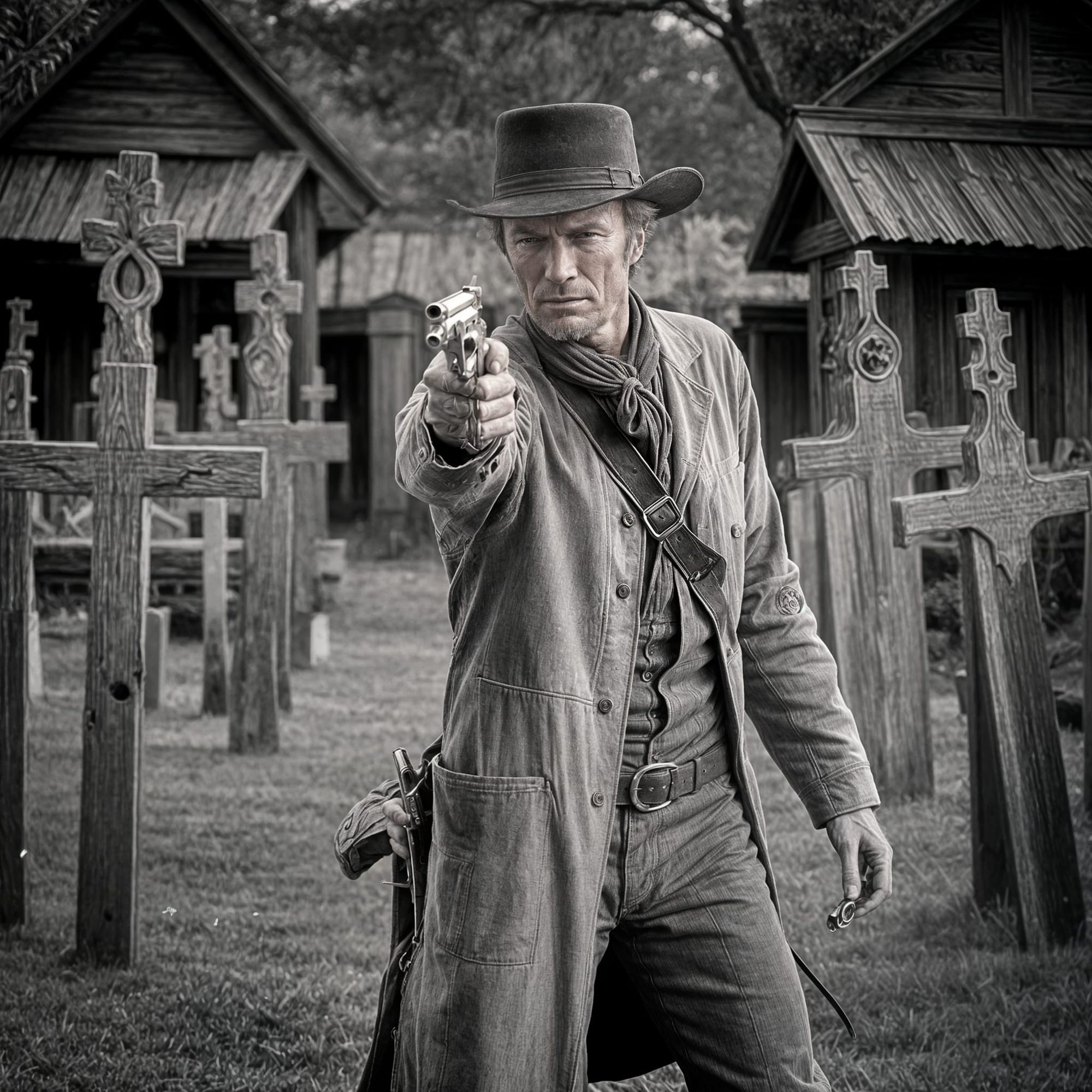 Clint Eastwood New clarity upscale works good but sometimes it does not, look at the little hard at his holster and the random little clints in the back!! 