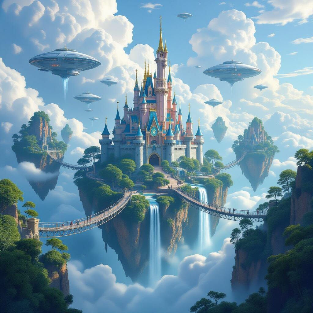 Floating island: cluster of small islands connected by rope bridges floating in outer space
A castle perched on a floating rock with waterfa...