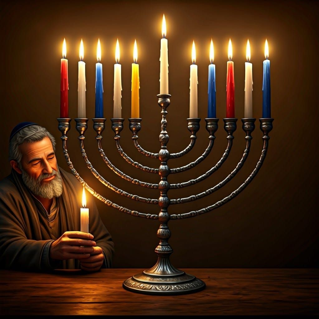 Ornate Silver Menorah Lighting Ceremony in Fantasy Style