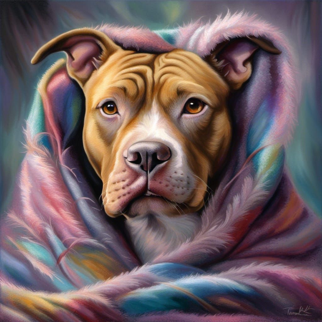 pit bull dog wrapped up in a blanket.  Hyper detailed fur. B...
