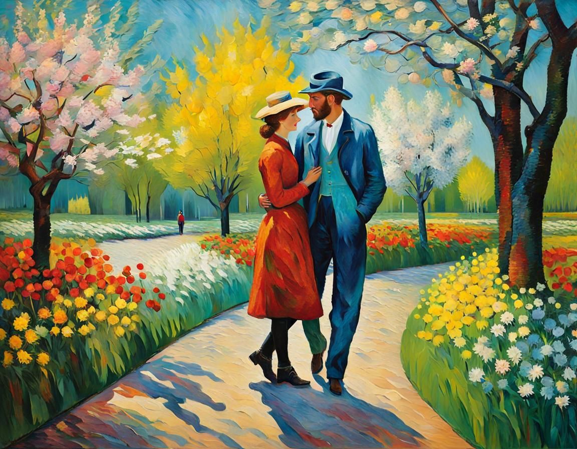 contemporary couple man and woman standing in the park in th...