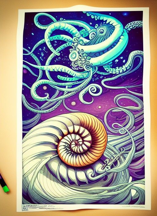 Chambered nautilus aliens floating in deep space