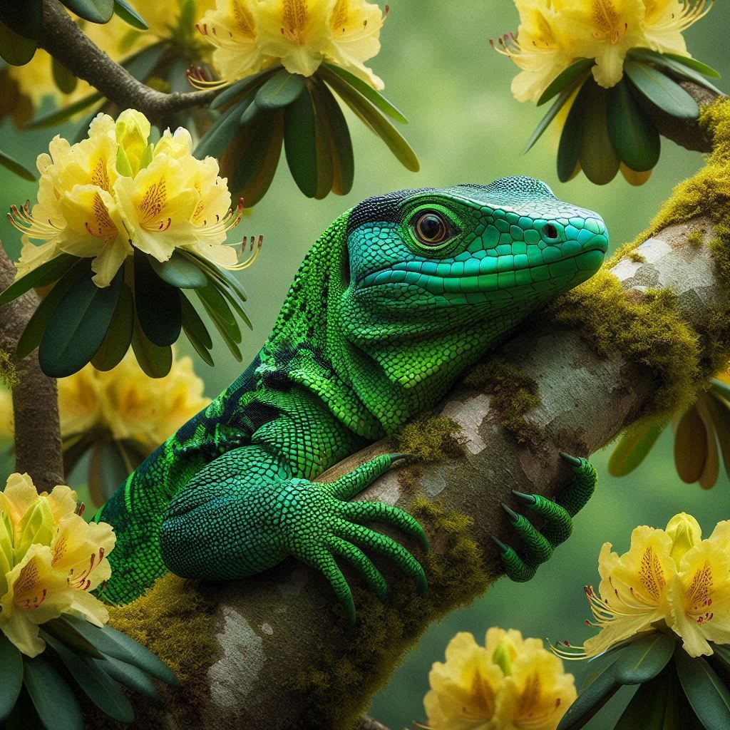 Emerald Tree Monitor with Rhododendron